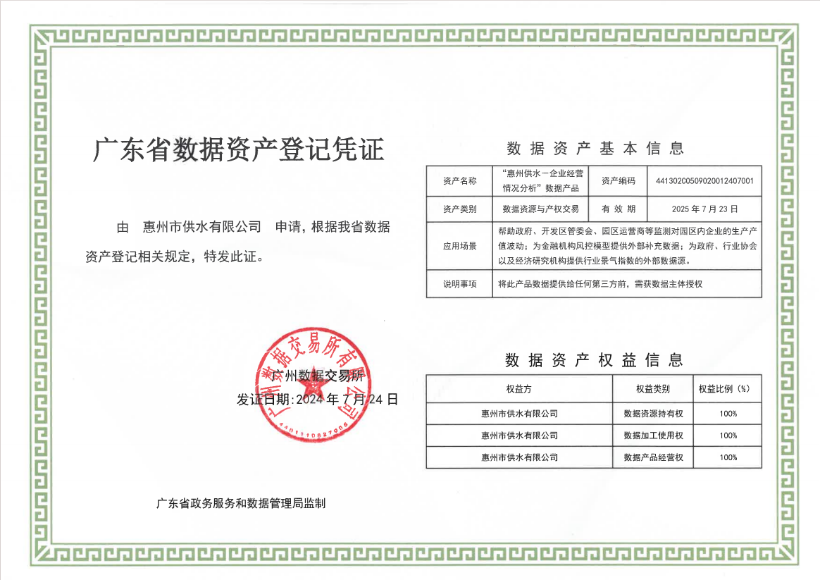 惠州供水获惠州水务机构首张数据资产登记凭证(图1) 惠州供水获惠州水务机构首张数据资产登记凭证(图1)