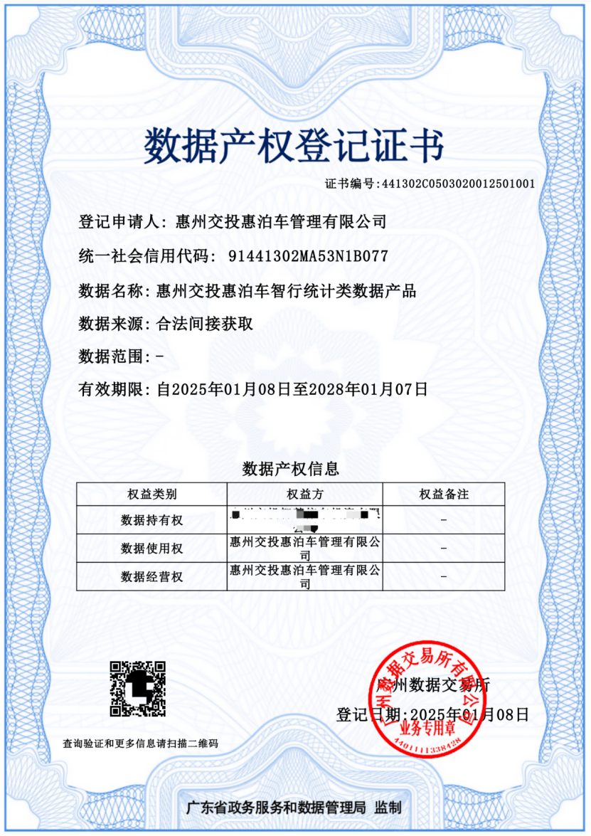 惠州服务基地助力惠州交投惠泊车公司获数据产权登记证书(图1) 惠州服务基地助力惠州交投惠泊车公司获数据产权登记证书(图1)